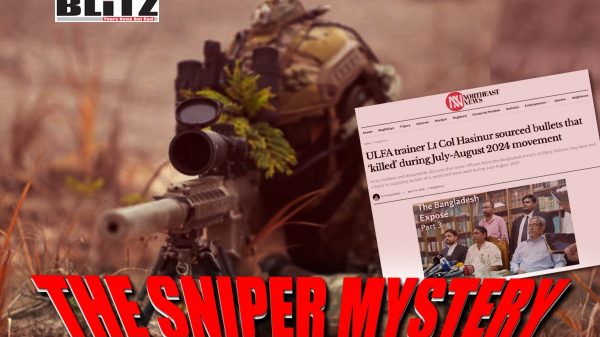 A sniper shooter in the background and newspaper report in insert photo